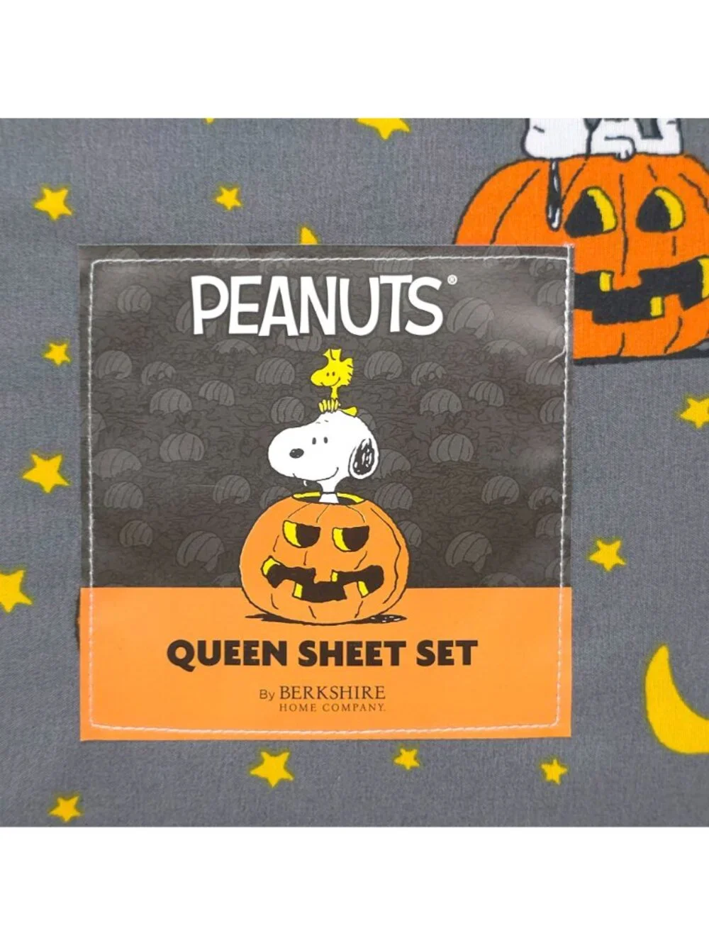 Peanuts Halloween Queen Sheet Set Gray with Snoopy Pumpkins & Stars By Berkshire